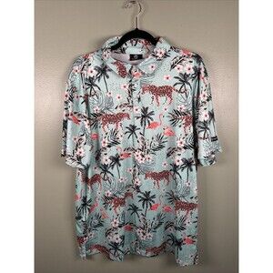 Green Side Golf‎ Blue Cheetah Flamingo Hawaiian Tropical Vaca Polo Shirt Mens XL